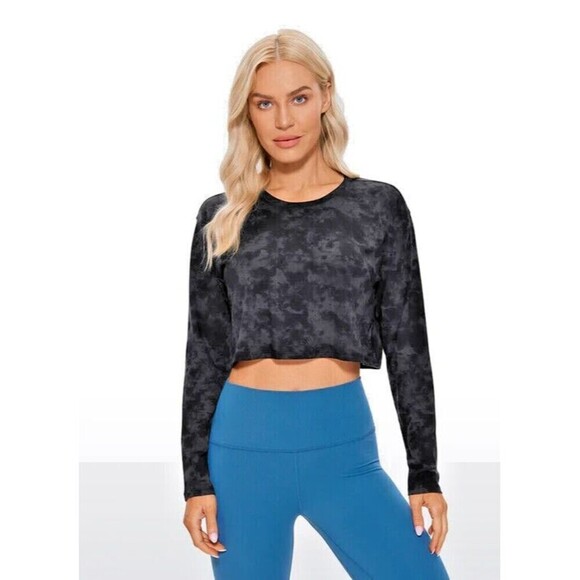 CRZ YOGA women's Workout Gym Shirt Cropped Long Sleeve Tie Dye Smoke Ink Large - Picture 1 of 4